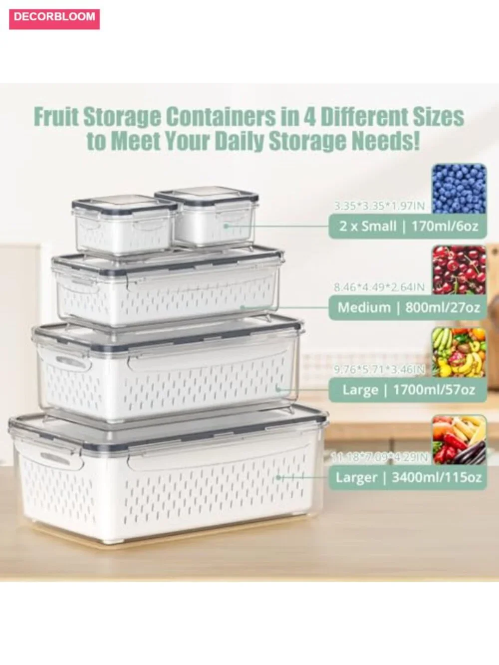 5-Piece Airtight Food Storage Container Set with Colanders and Handles,
